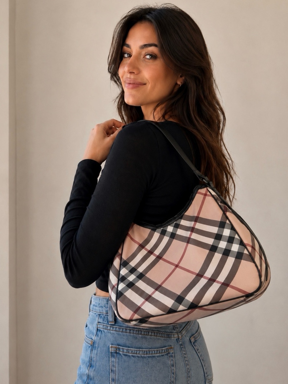 Burberry Pink Beige Check Shoulder Bag